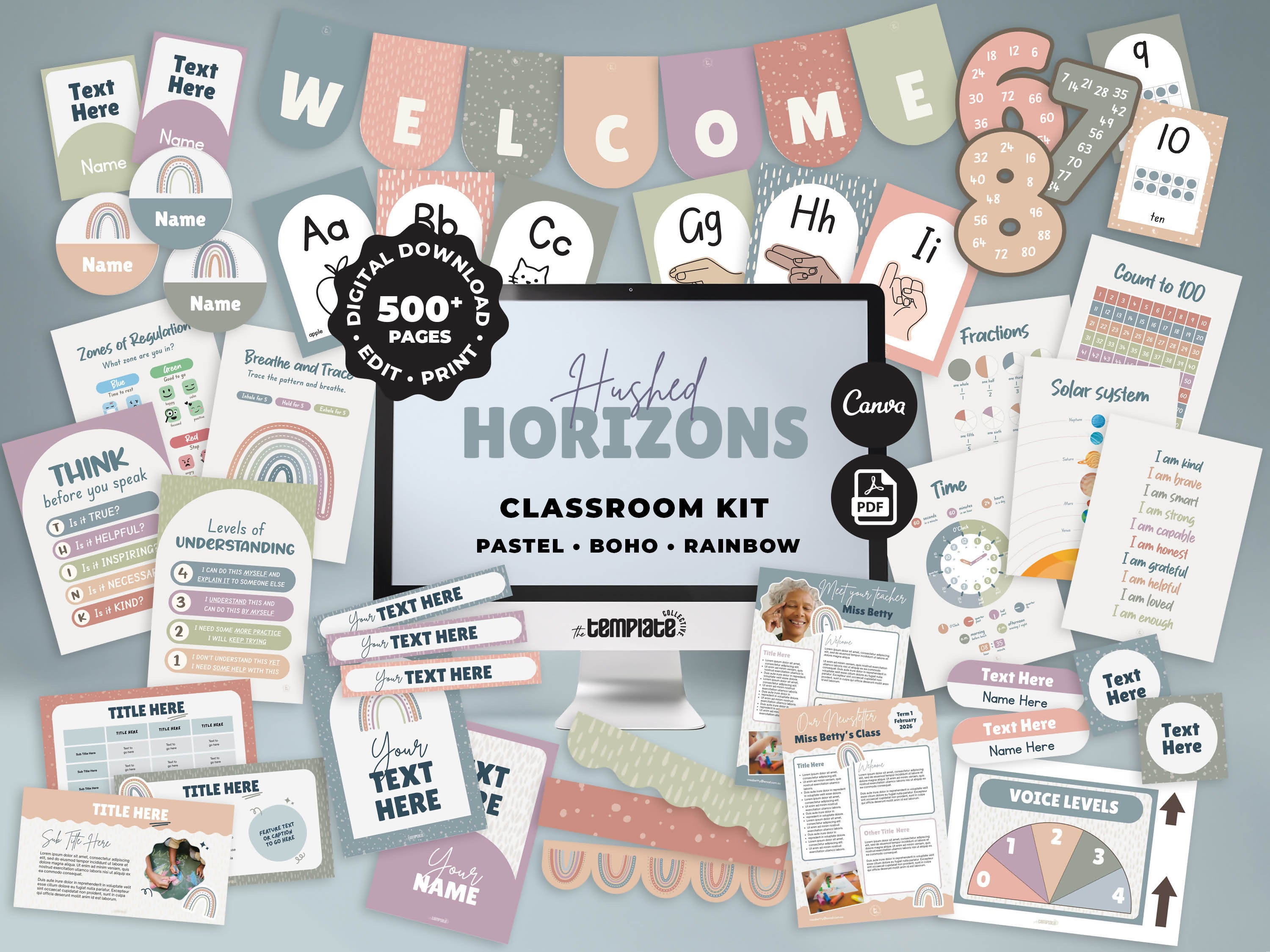 Hushed Horizons Classroom Decor Bundle • Pastel Boho Rainbow Theme • Bulletin Board Decor • Teacher Resources • Editable & Printable