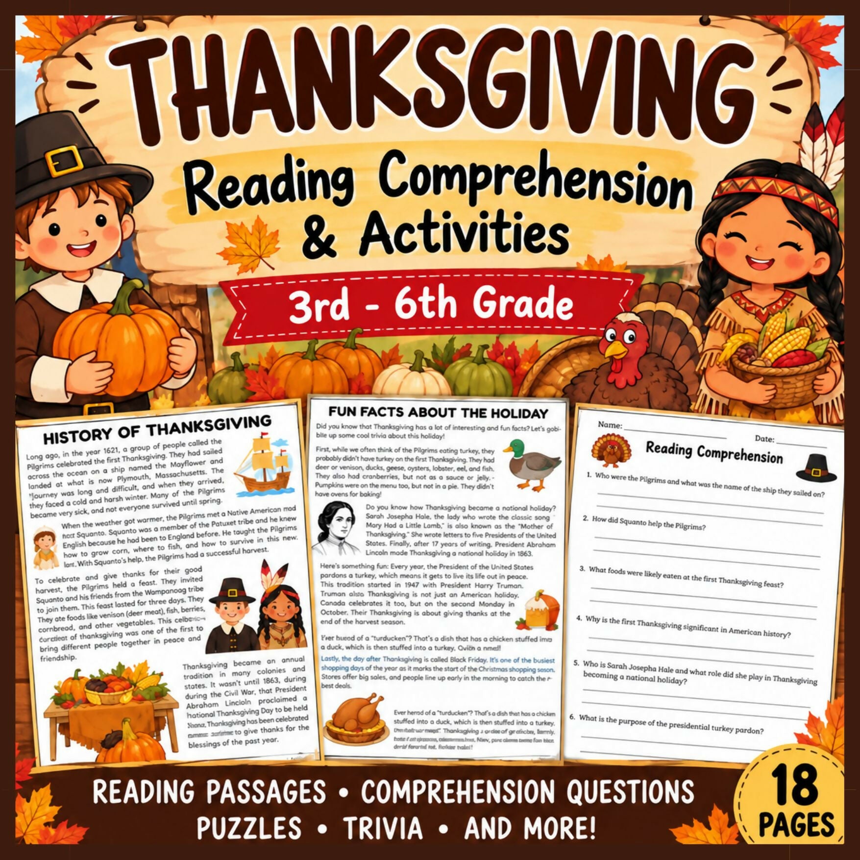 Thanksgiving Reading Comprehension & Activities | Word Search, Crossword, Math, Maze & More | Grades 3–6
