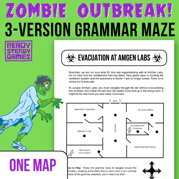 Zombie Outbreak! Grammar Maze | Self-Checking English Game | 3 Versions | Years 5–6