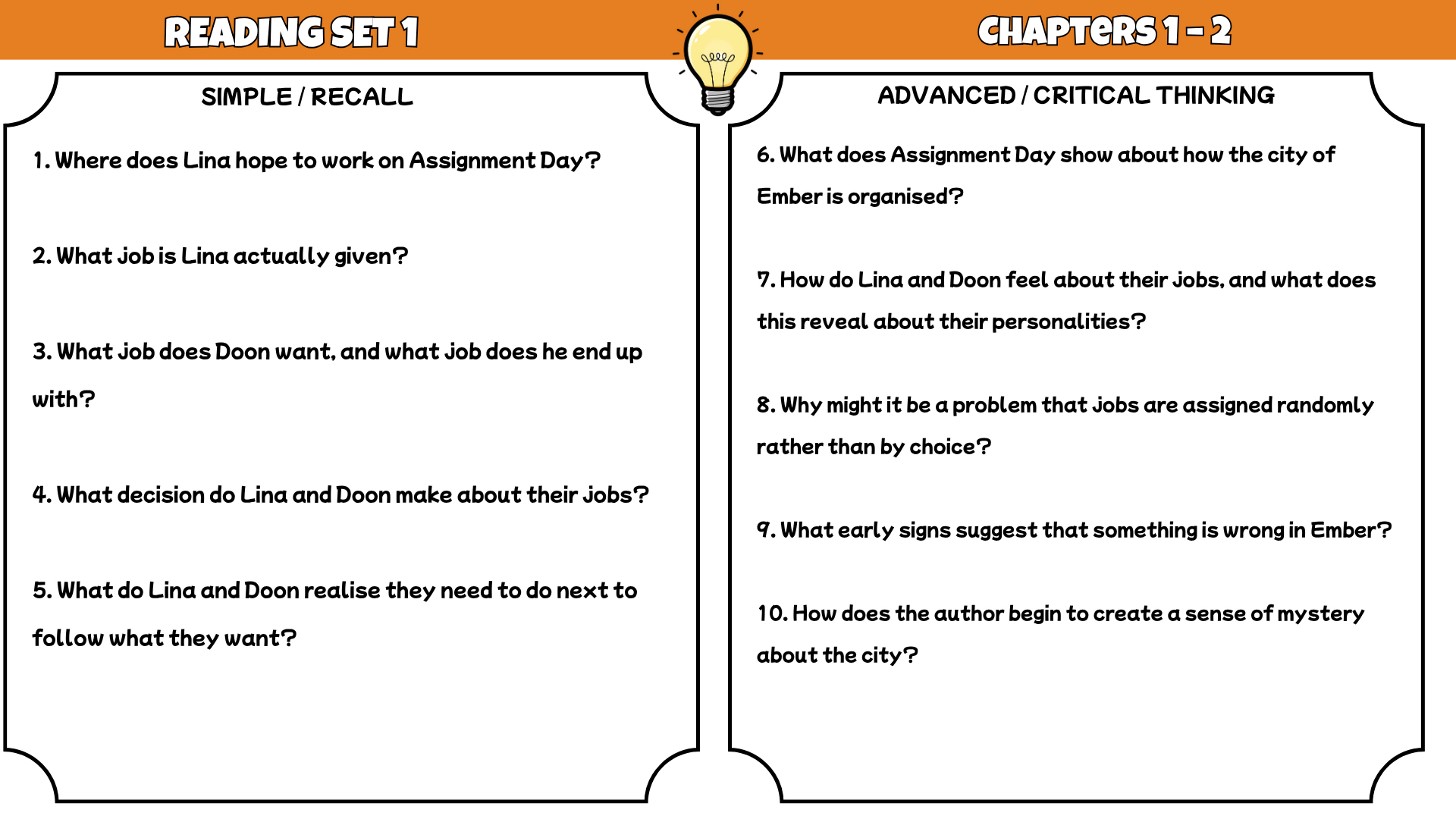 The City of Ember Comprehension Questions and Answer Key PDF | Jeanne DuPrau Novel Worksheets | Reading Comprehension Questions for Grades 4–6
