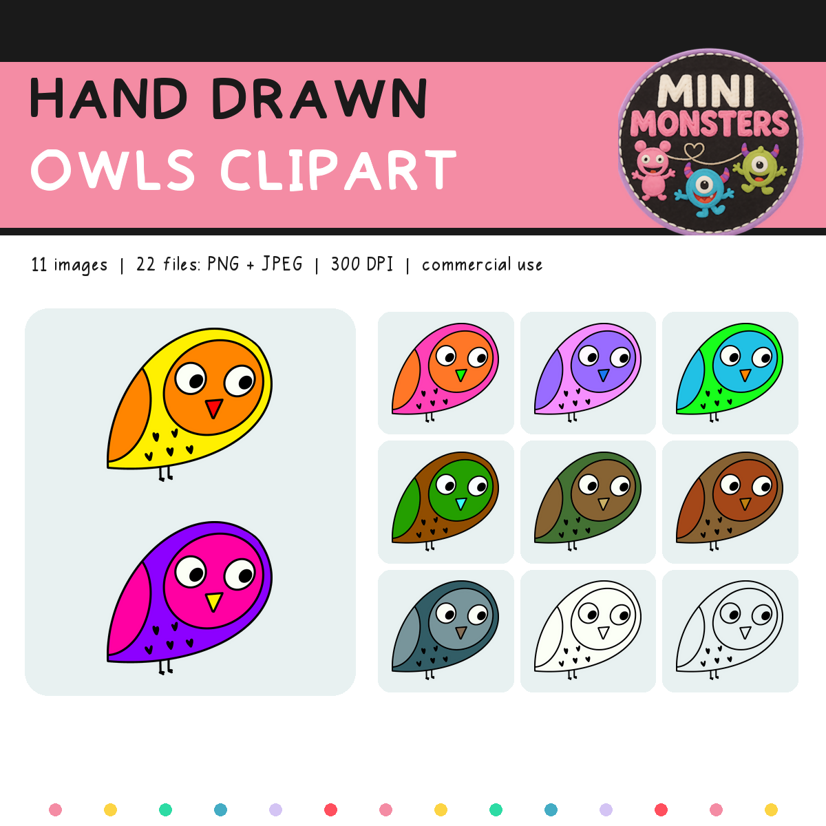 Owls Clipart Set 1 | 11 Designs 22 Files | Colour and Blackline | Hand Drawn | Commercial Use
