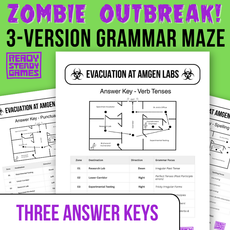 Zombie Outbreak! Grammar Maze | Self-Checking English Game | 3 Versions | Years 5–6