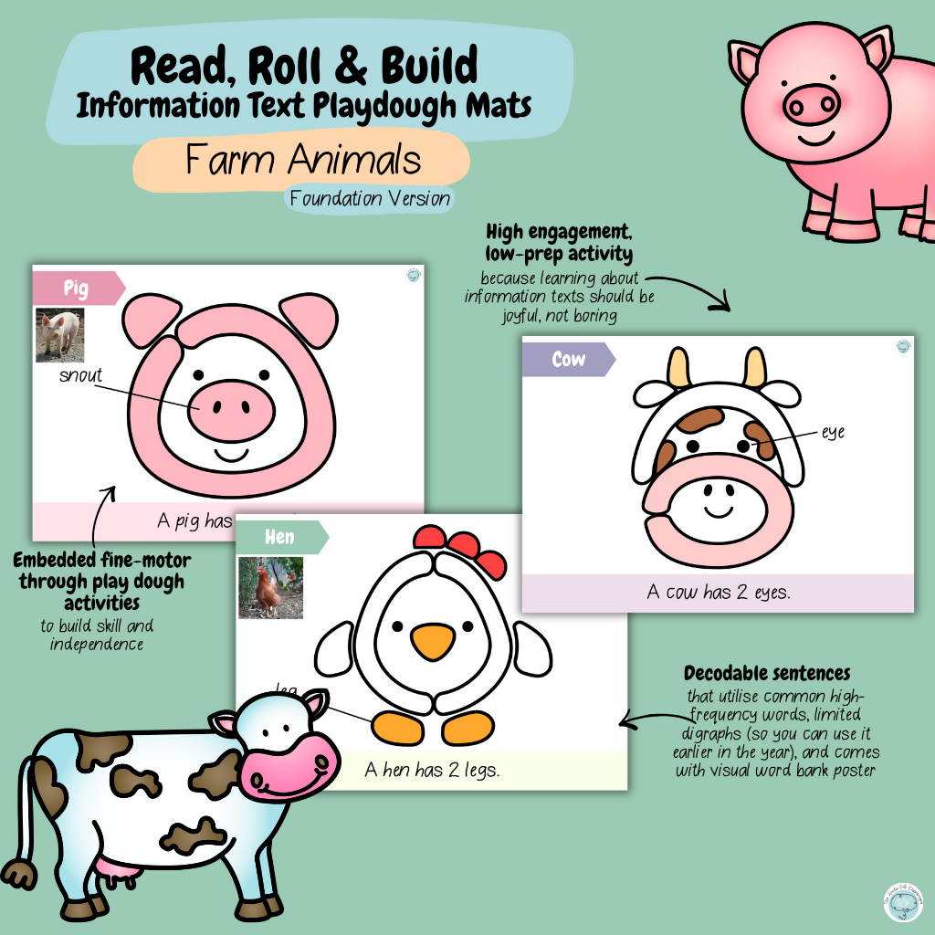 Read, Roll & Build | Foundation Information Text Playdough Mats | Farm Animals