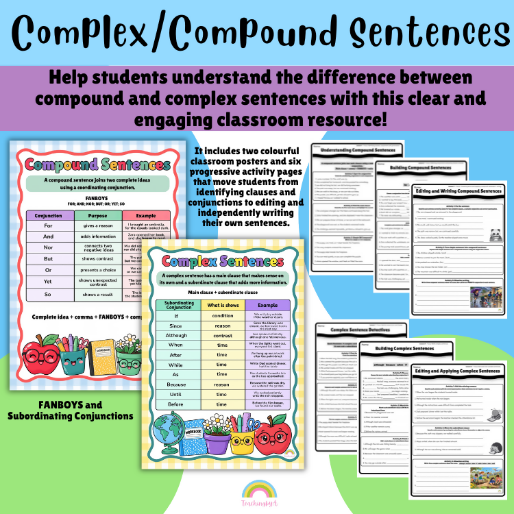 Compound and Complex Sentences Posters & Activities | FANBOYS and Subordinating Conjunctions