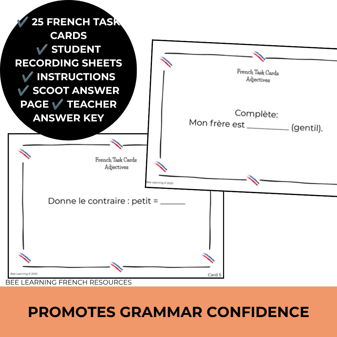 French Adjectives Activities | Agreement Practice Task Cards | Year 7–8