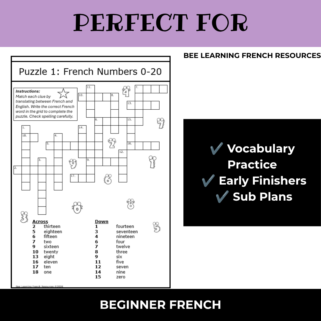 French Numbers 0–20 Vocabulary Activities | Les Nombres Criss Cross Puzzles | Year 7–8