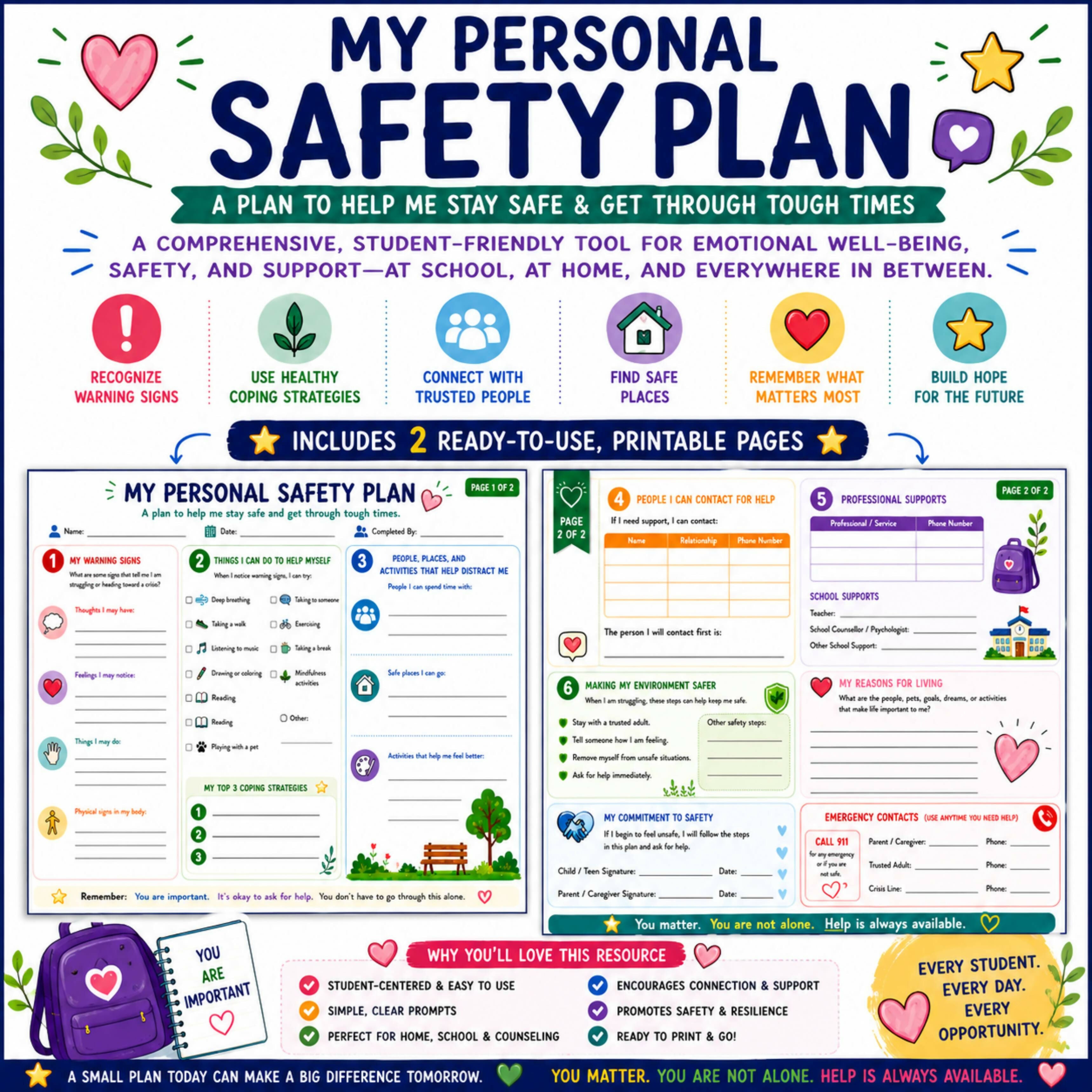 My Personal Safety Plan | Student Safety Plan Workbook | Suicide Prevention