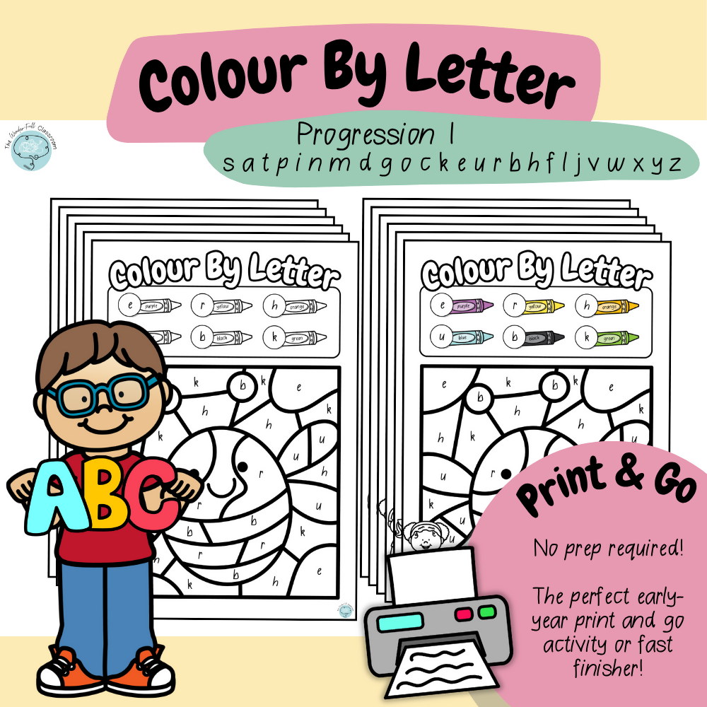 Colour by Letter - satpinmdgockeurbhfljvwxyz | Letter Recognition | Print & Go