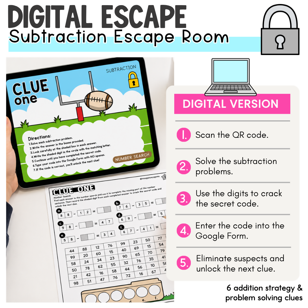 Subtraction with Regrouping Review & Revision Math Escape Room