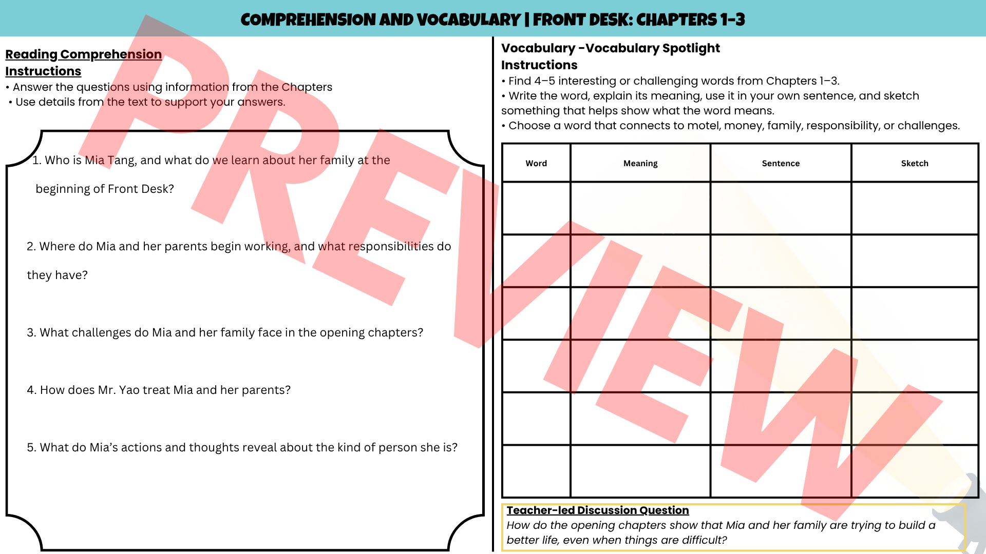 Front Desk No-Prep Sub Plan | Novel Study Literacy Activities Lesson | Years 4–8 PDF