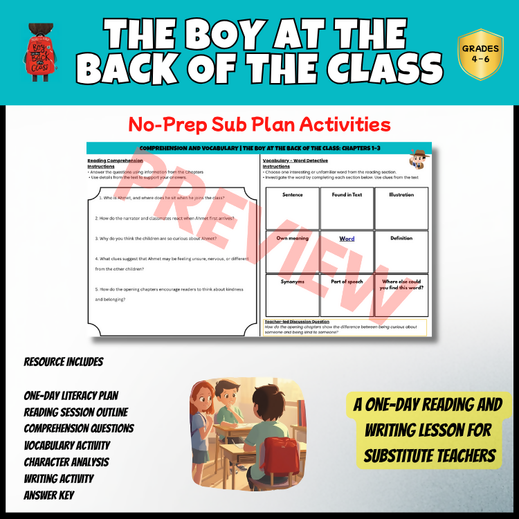 The Boy at the Back of the Class No-Prep Sub Plan | Novel Study Literacy Lesson | Years 4–6 PDF | Reading Comprehension, Word Detective Vocabulary, Character Analysis & Writing
