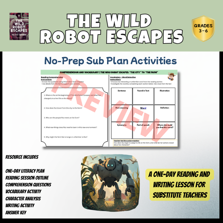 The Wild Robot Escapes No-Prep Sub Plan | Novel Study Literacy Lesson | Years 3–6 PDF