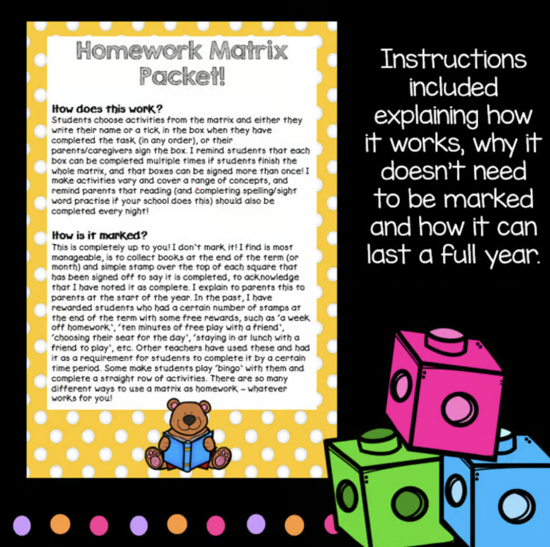 Homework Matrix Choice Board | Full Year, Year 1 and 2 | Printable Worksheets