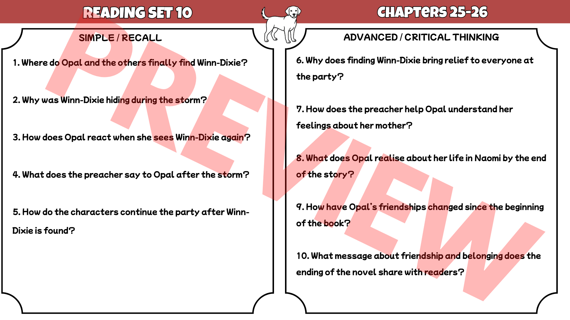 Because of Winn-Dixie Reading Comprehension Questions & Answers | Printable Worksheets PDF | 10 Reading Sets | Grades 3–6