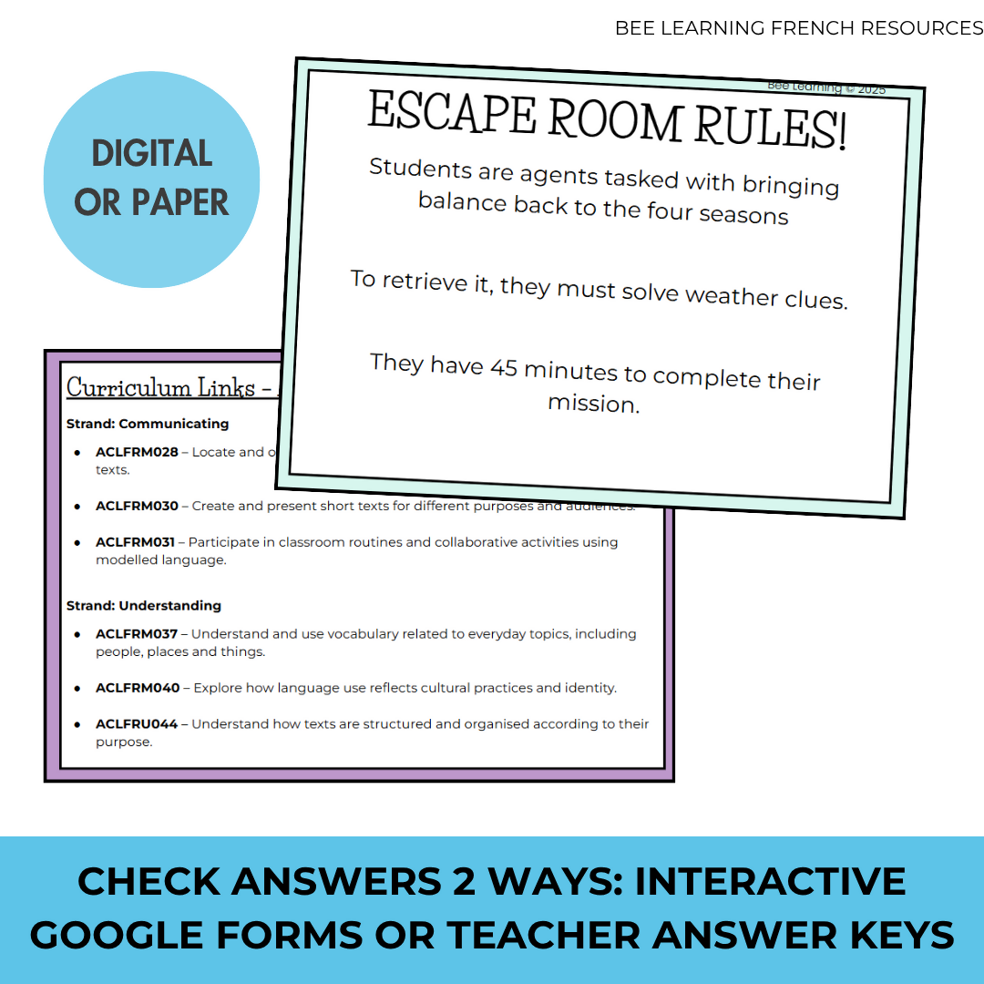 French Escape Room Weather & Seasons | La Météo et Saisons | Year 7–8 | Print & Digital