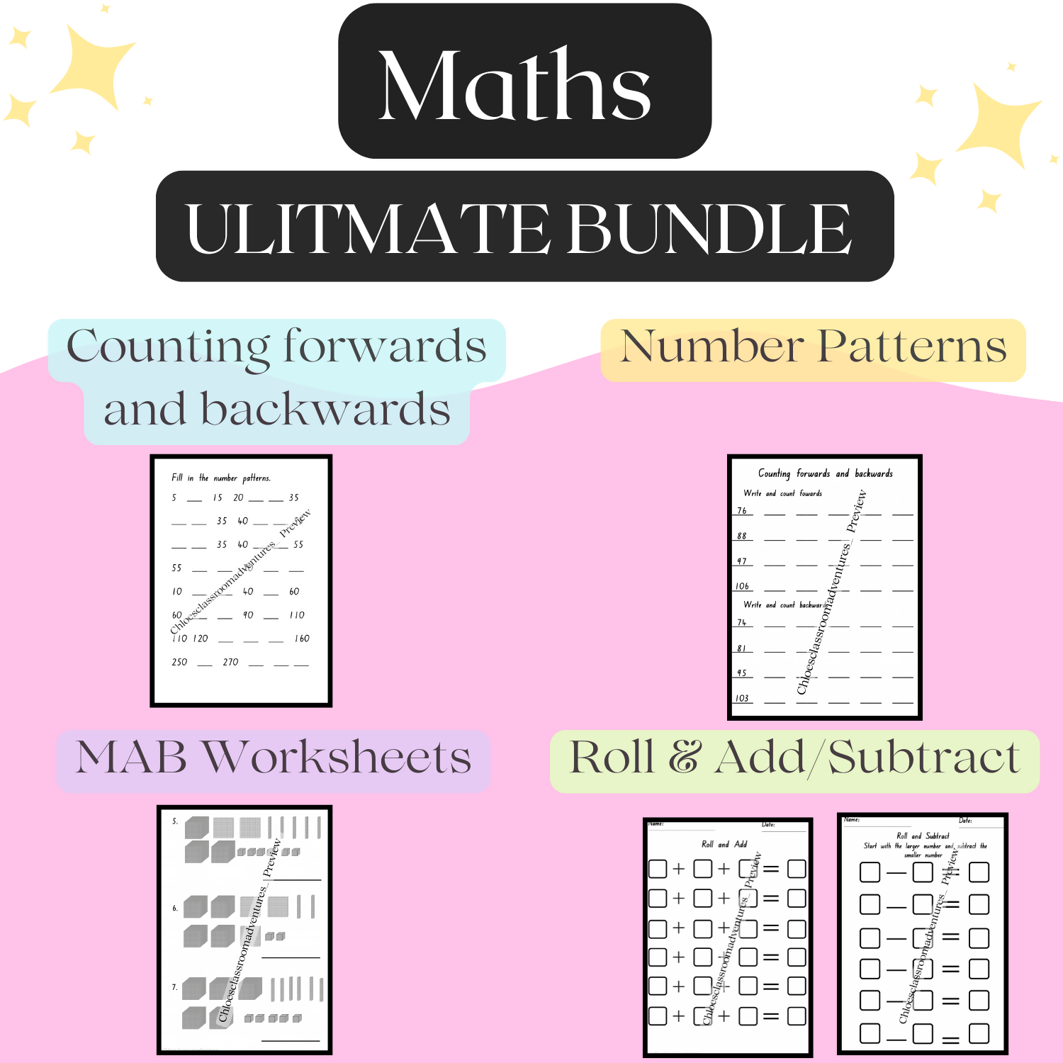 Ultimate Number Skills Bundle | MAB | Roll and Add/Subtract| Number Patterns| Counting Forwards and Backwards| Worksheets 4 Products