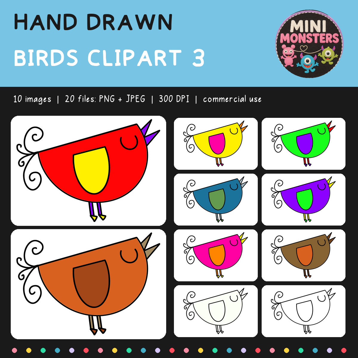 Birds Clipart Set 3 | 10 Hand Drawn Images | Transparent PNG and JPEG | Commercial Use