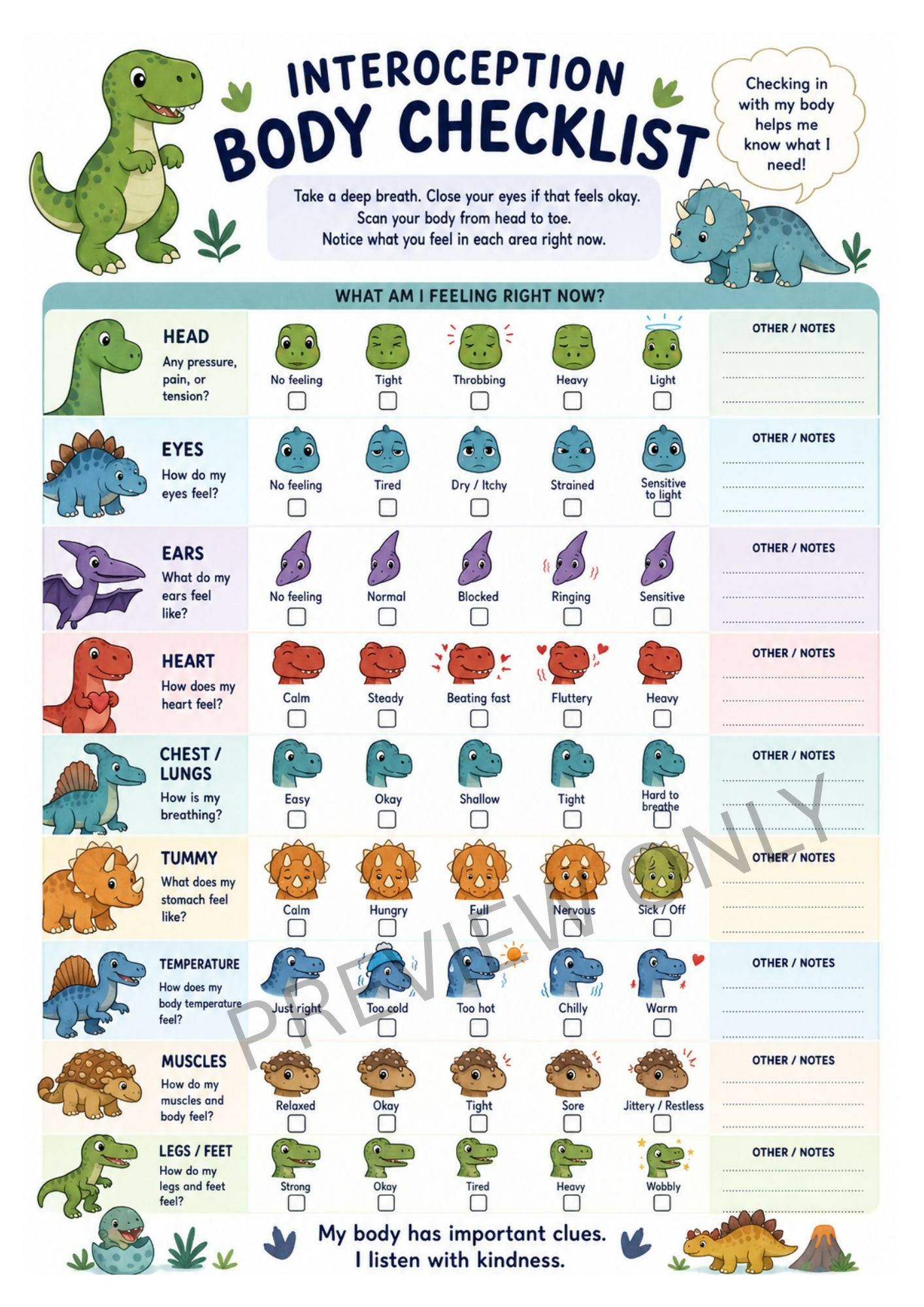 OT Designed - Dinosaur Interoception Body Checklist Worksheet - Printable