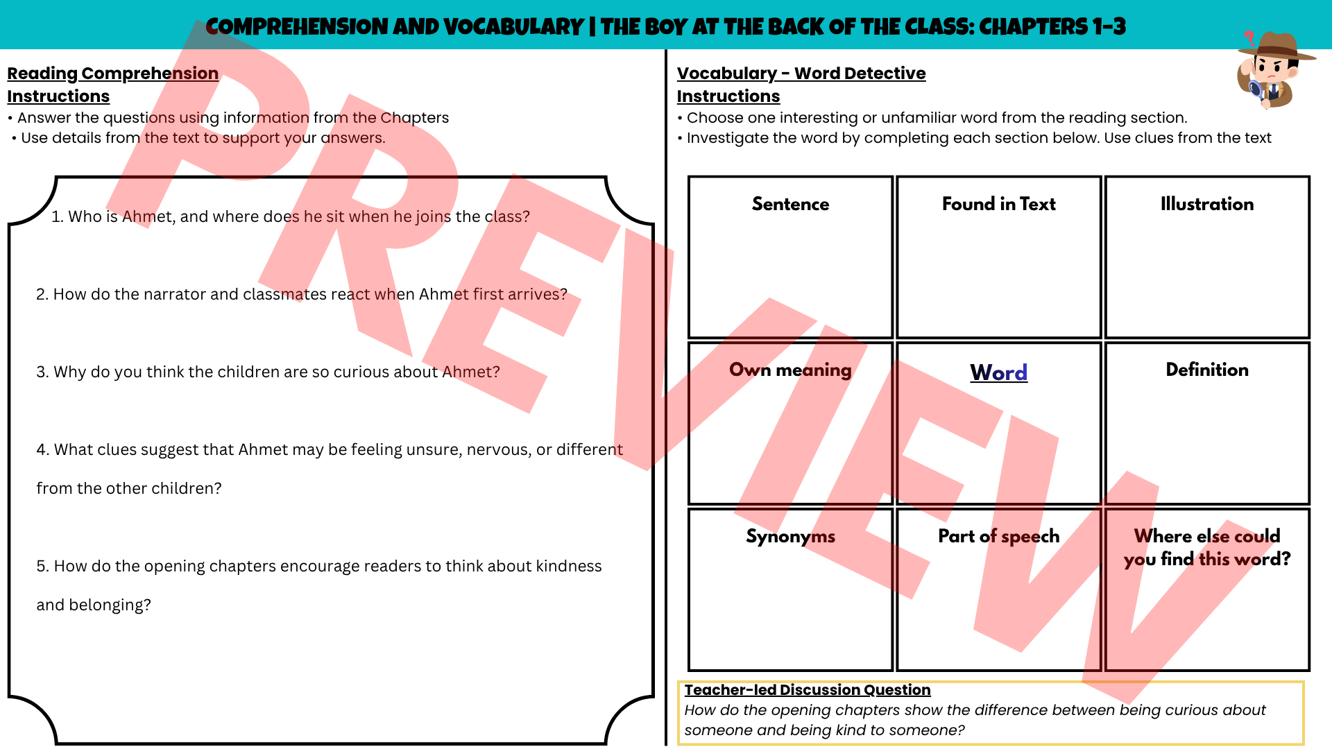 The Boy at the Back of the Class No-Prep Sub Plan | Novel Study Literacy Lesson | Years 4–6 PDF | Reading Comprehension, Word Detective Vocabulary, Character Analysis & Writing