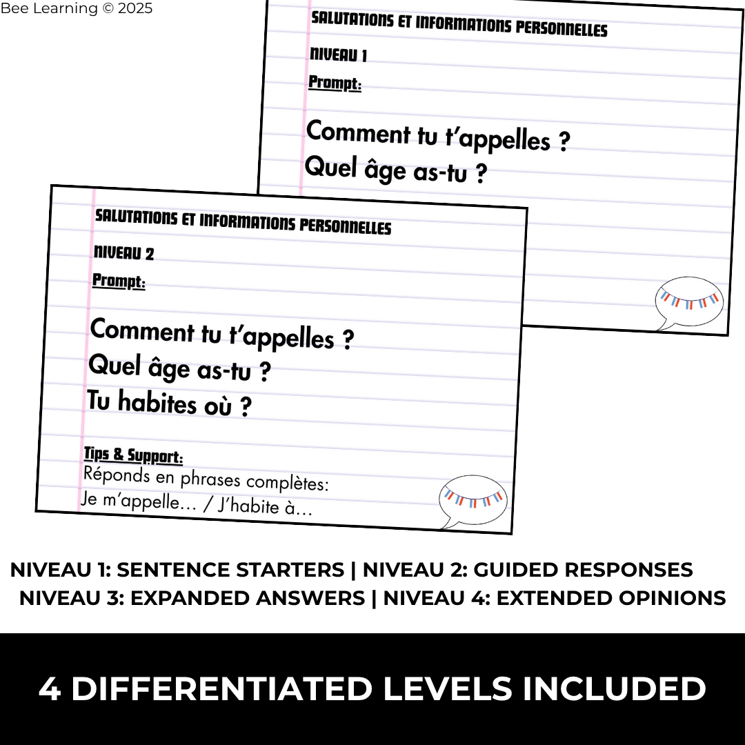 French Speaking & Writing Activities for Beginners | Differentiated Task Cards | Year 7–8