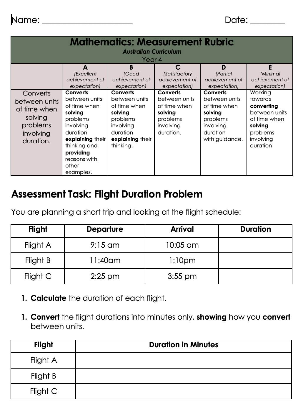 Year 4 Maths Time Assessment | Duration & Conversion | Australian Curriculum V9