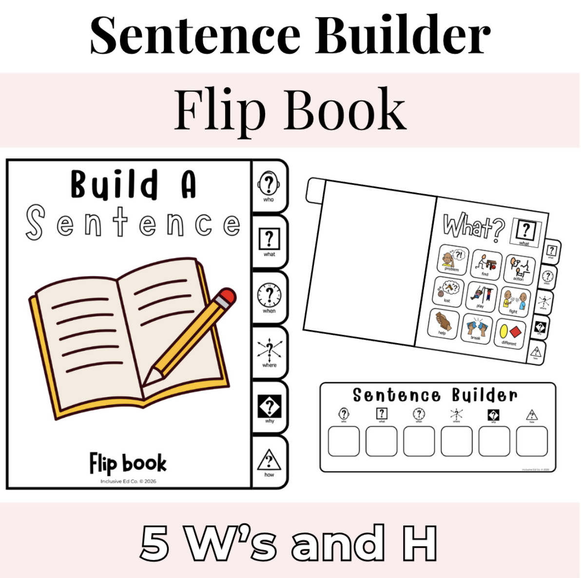 Sentence Builder Flip Book | 5 W's and H Visual Writing Prompt Cards for AAC, Special Education & Writing