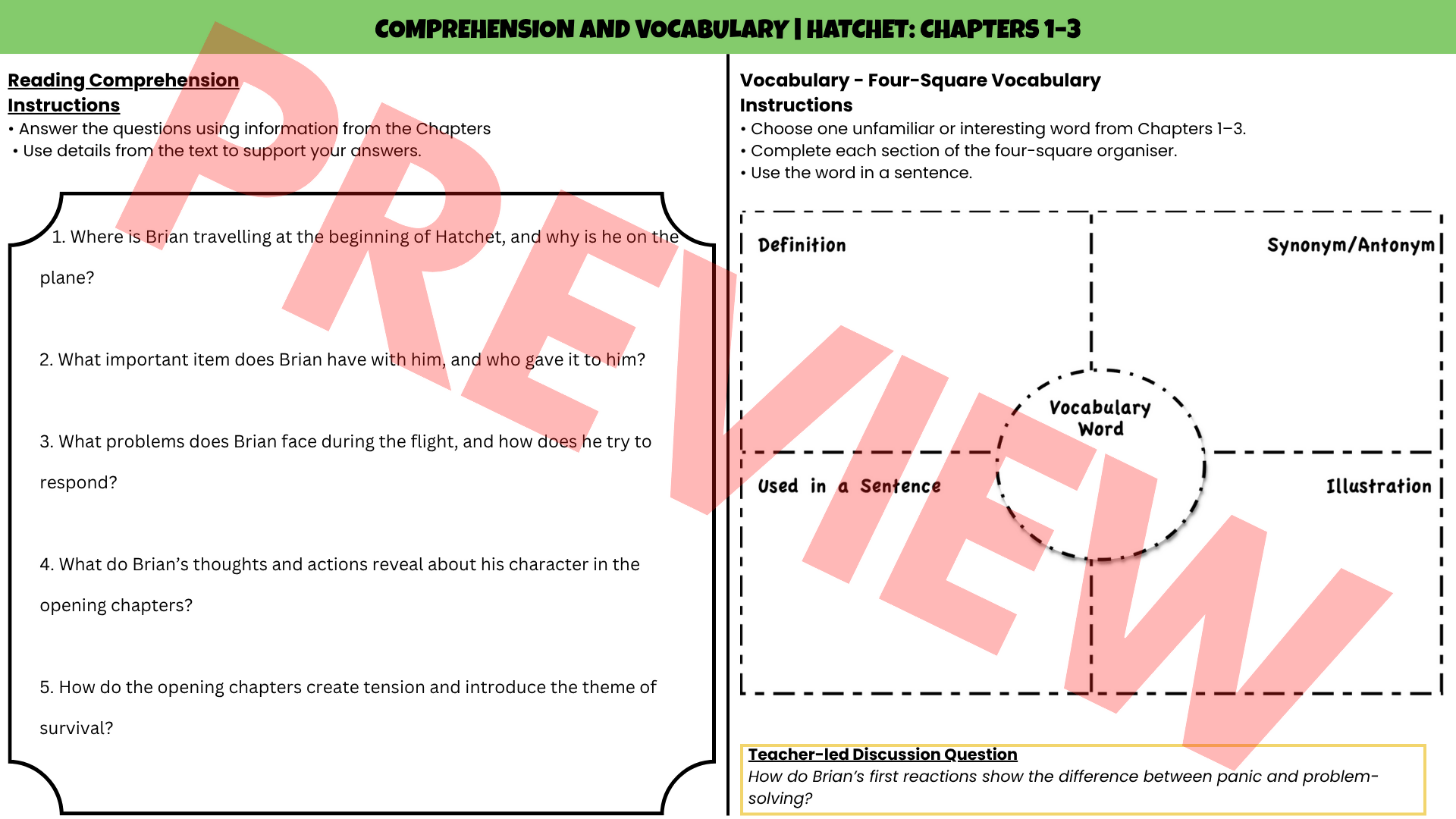Hatchet No-Prep Sub Plan | Novel Study Literacy Lesson | Years 5–8 PDF |