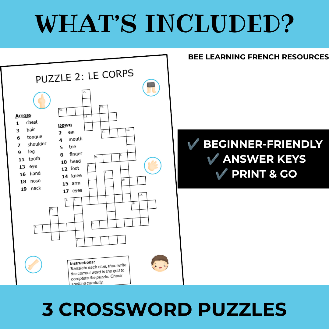 French Body Parts Vocabulary Activities | Les Parties du Corps Criss Cross Puzzles | Year 7–8