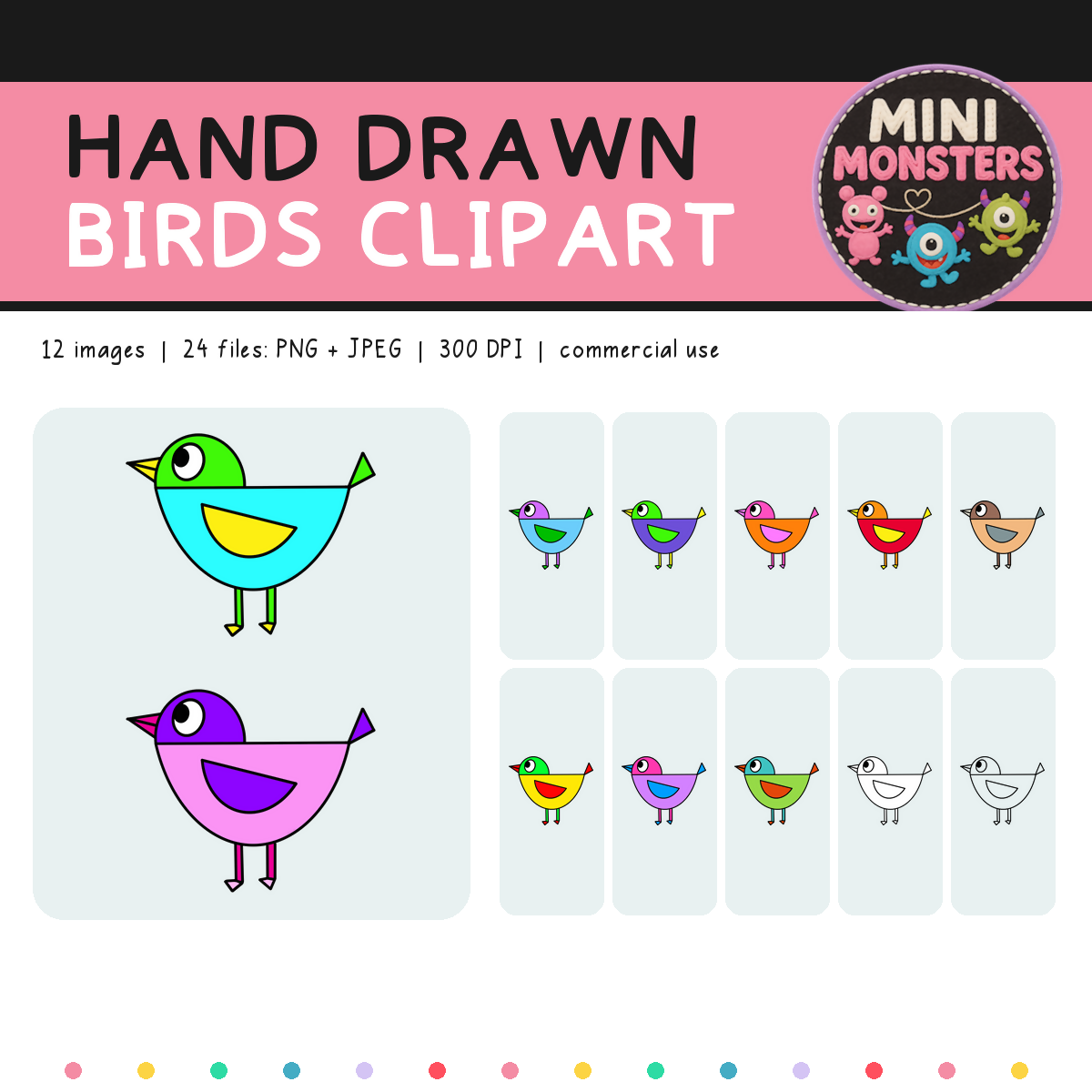 Birds Clipart Set 1 | 12 Designs 24 Files | Colour and Blackline | Hand Drawn | Commercial Use