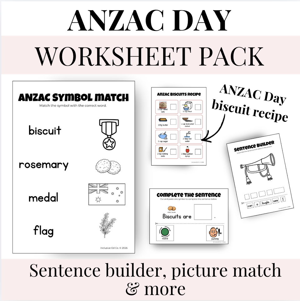 ANZAC Day Worksheets Pack | Special Education Activities | AAC/HICP/Early Years