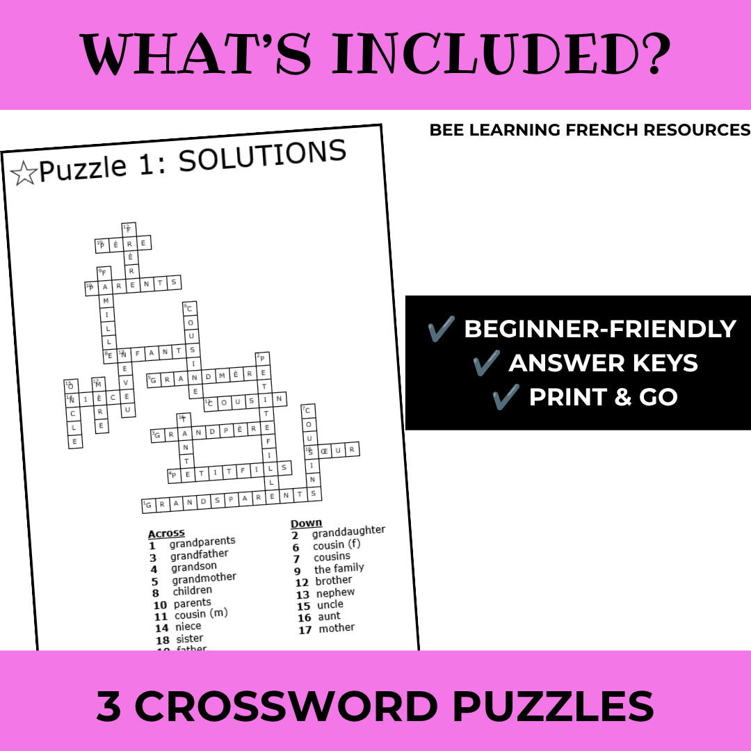 French Family Vocabulary Activities | La Famille Criss Cross Puzzles | Year 7–9