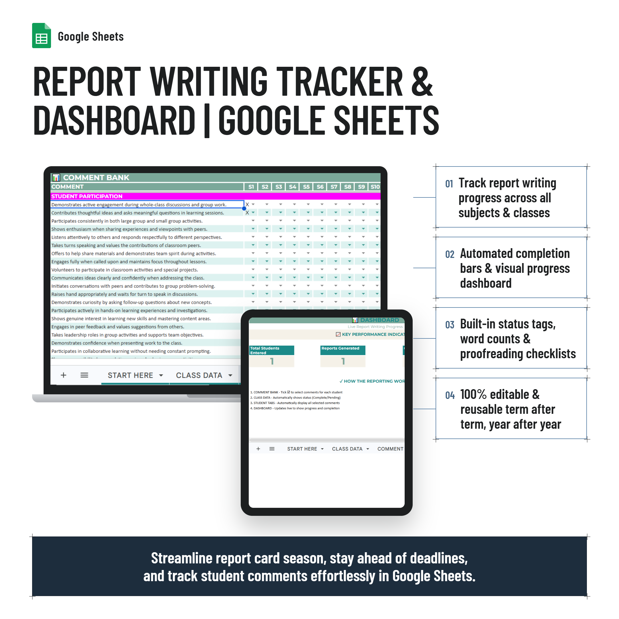 Report Writing Tracker and Dashboard| Google Sheets