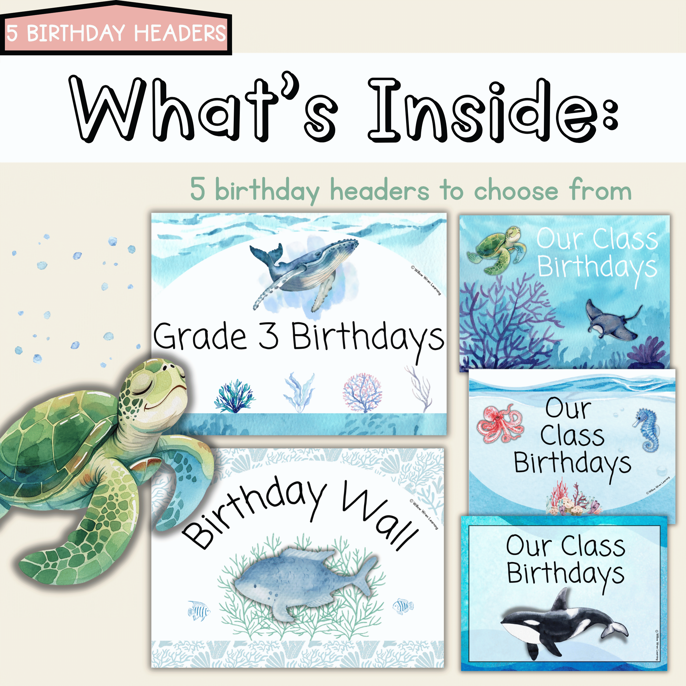 Ocean Blue Birthday Board | Editable Lettering Pack Decor Sea Creatures