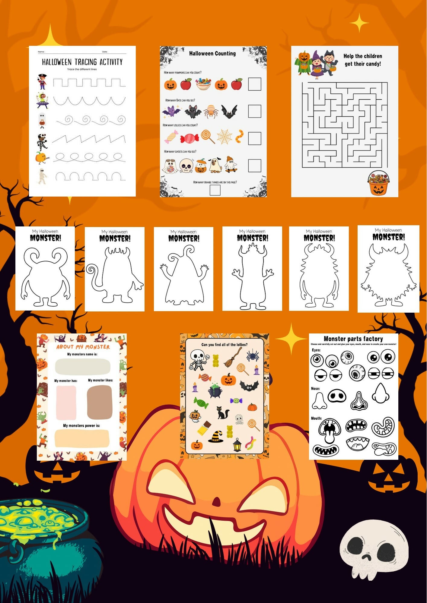 Halloween Activities Printable | Halloween Worksheets | Preschool Kindergarten Halloween | Create a Monster | Fine Motor | Counting | I Spy