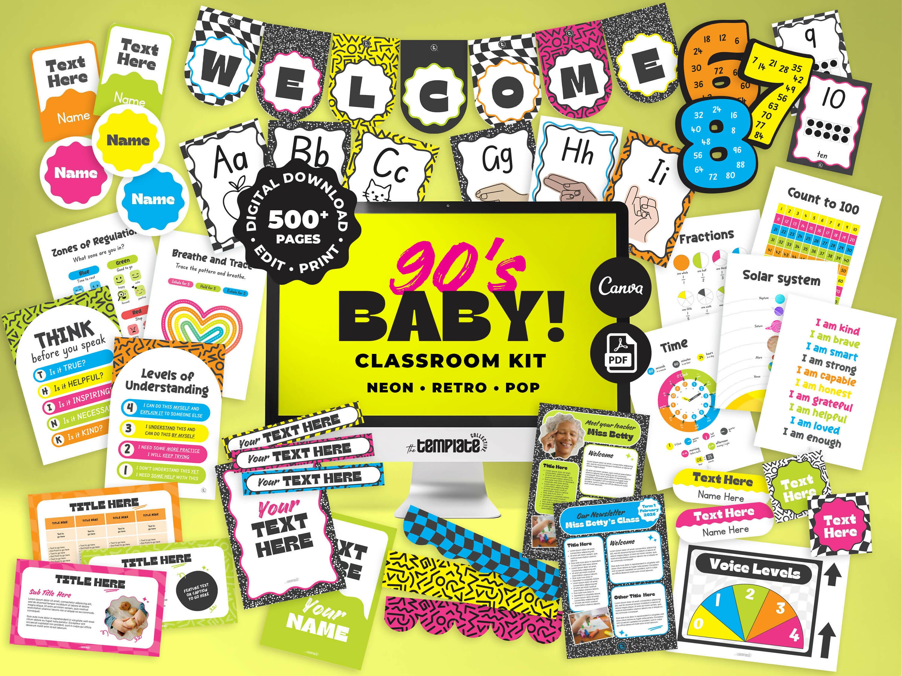 90’s Baby Classroom Decor Bundle • Retro Neon Classroom Theme • Bulletin Board Decor • Teacher Resources • Editable & Printable