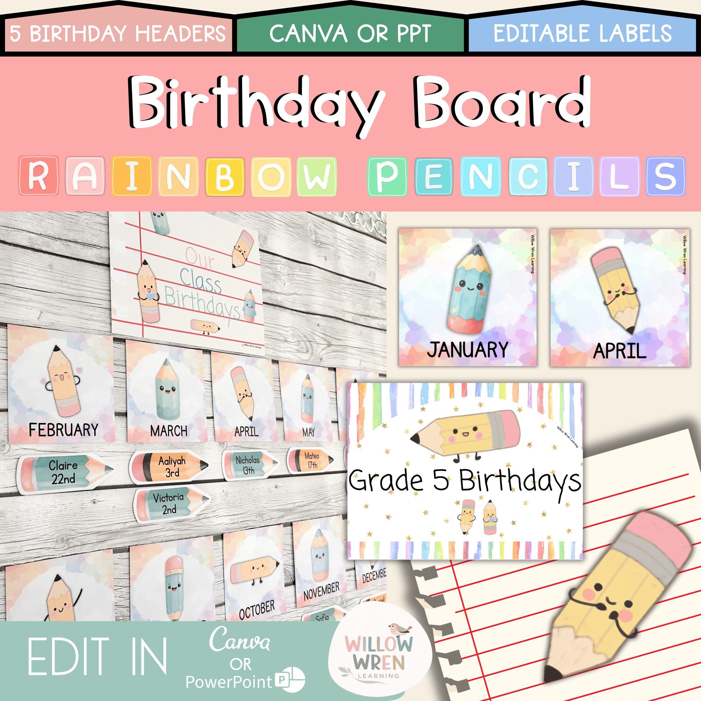 Rainbow Pencils Birthday Board | Editable Birthday Pack Decor Colourful