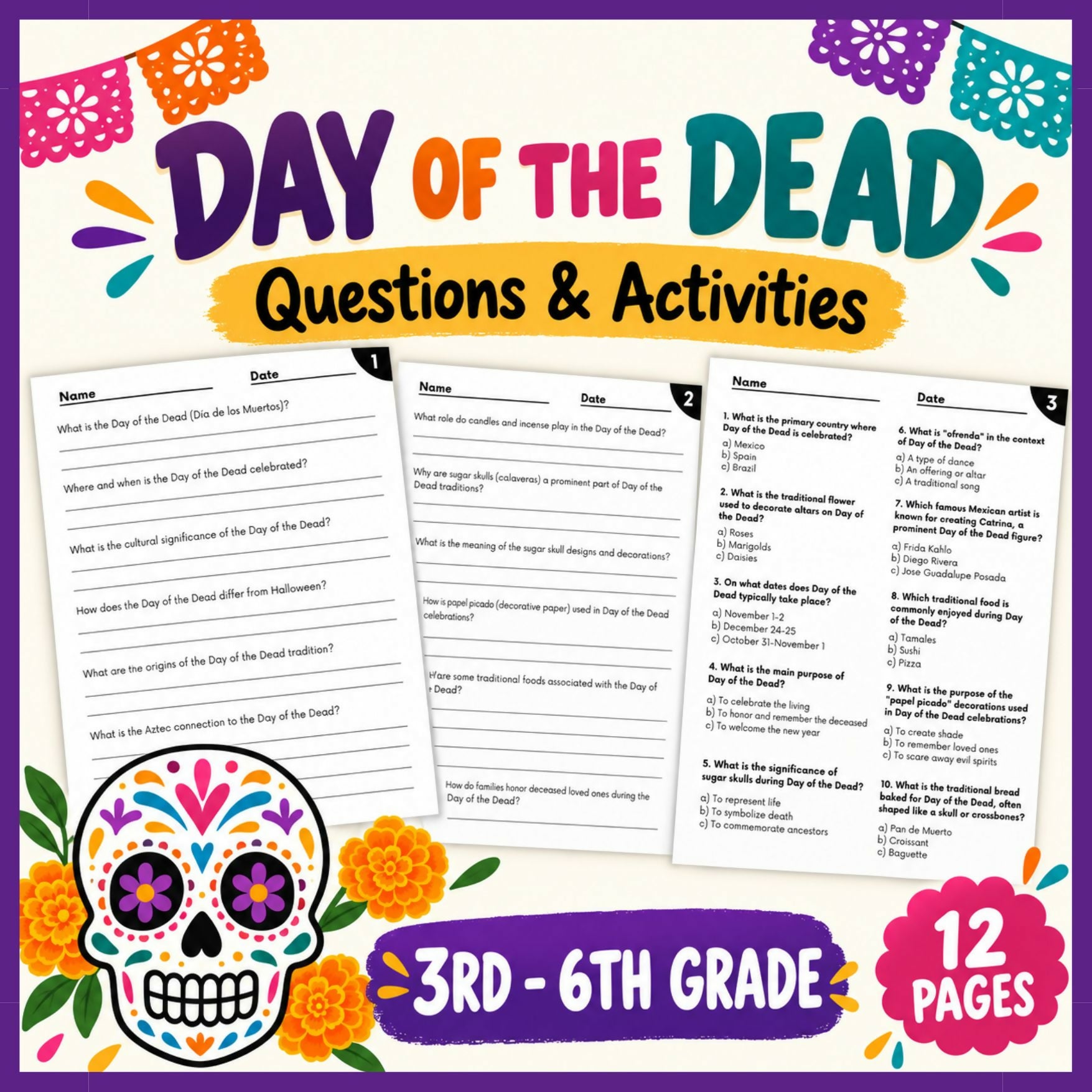 Day of the Dead (Día de los Muertos) Activities | 60 Questions, Multiple Choice & Answer Keys | Grades 3–6