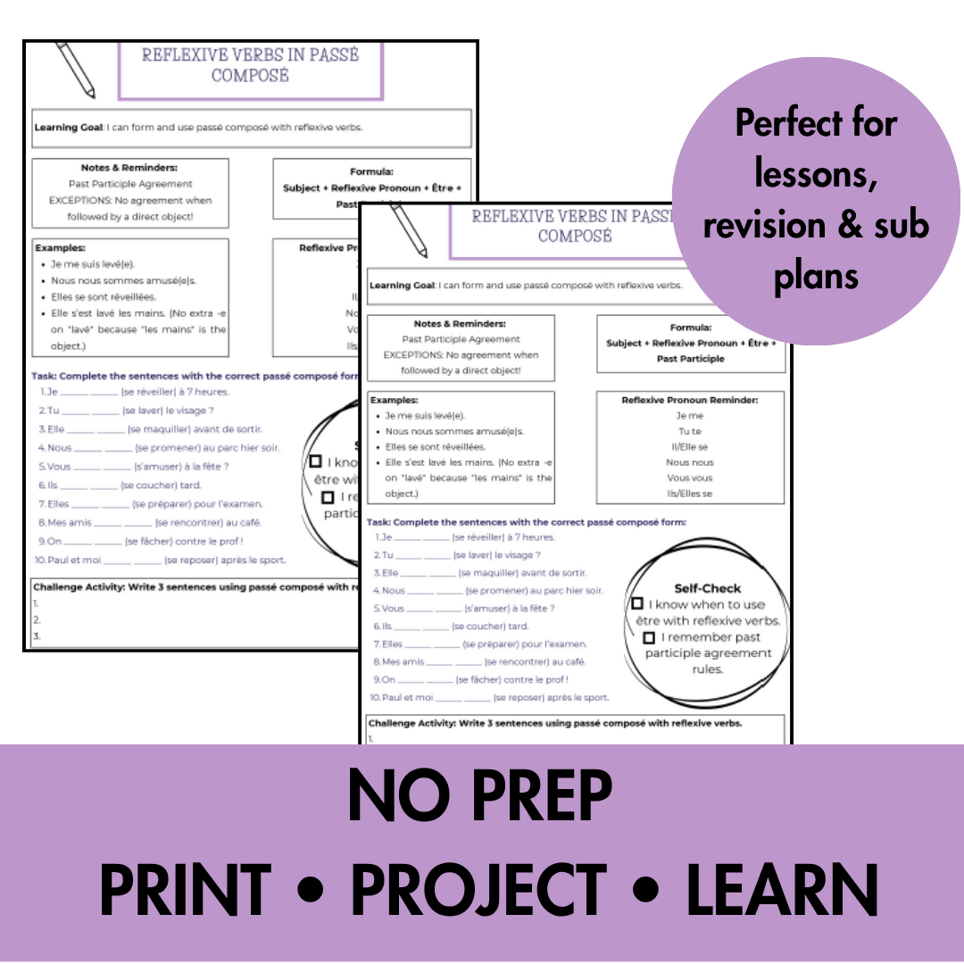 French Perfect Tense Passé Composé: Notes, Worksheets, Oral activities & Games