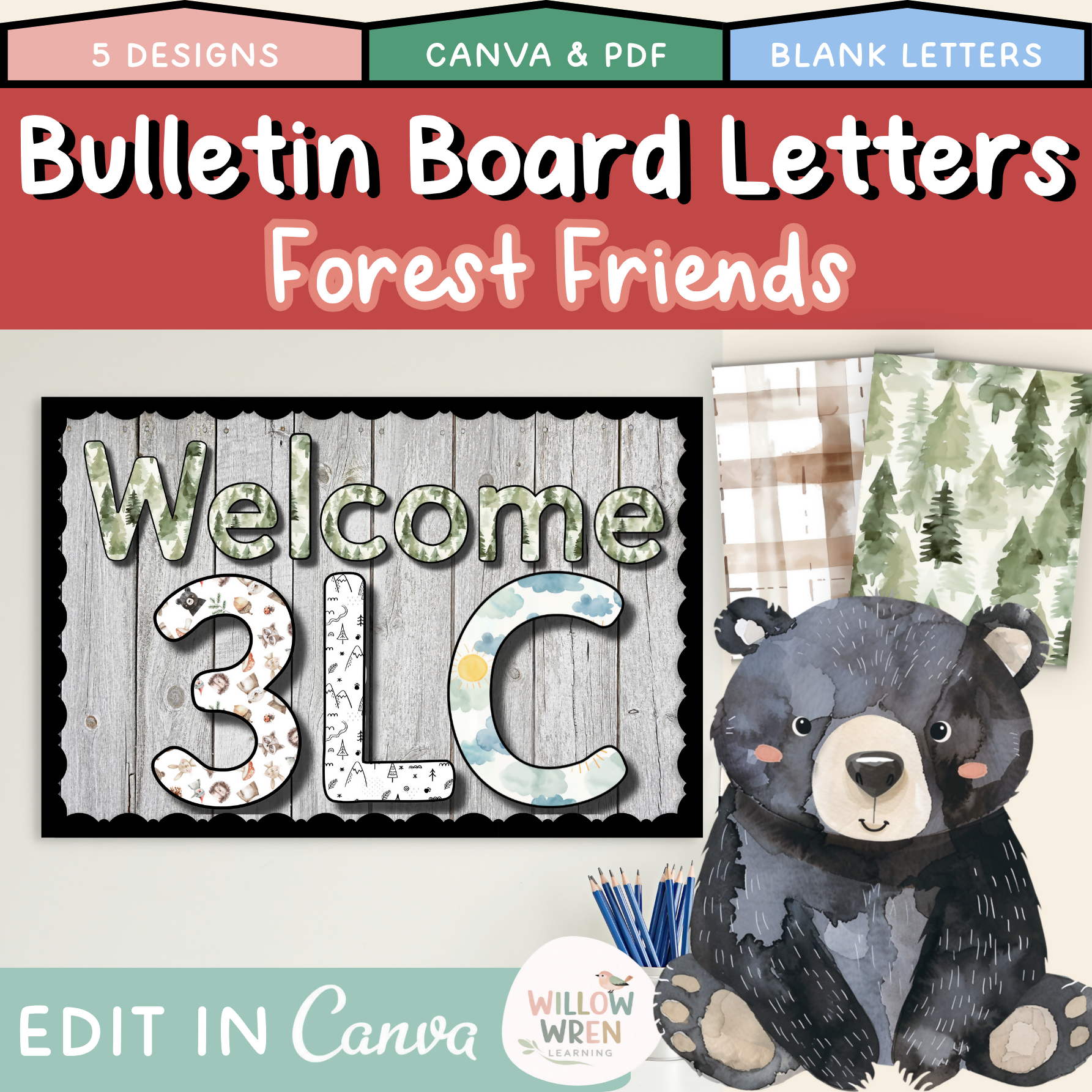 Forest Friends Bulletin Board Letters | Editable Lettering Pack Decor Woodland