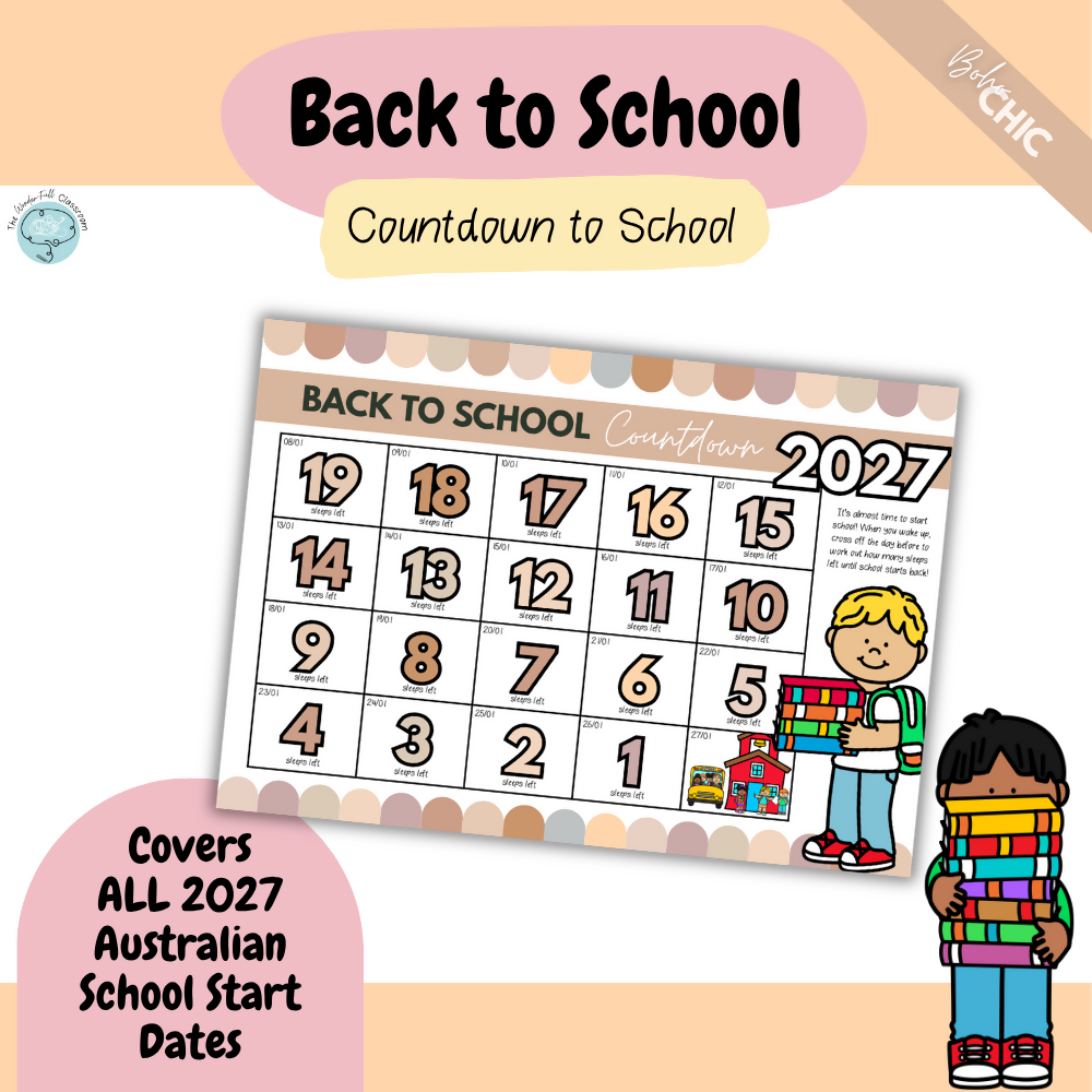 2027 UPDATE: Multiple Colour Themes | Australian Back to School Visual Countdown Calendar