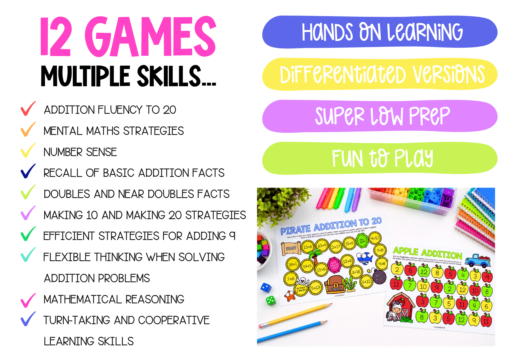 Addition to 20 Board Games | Addition Strategy Games | Math Centers | Addition to 10 & 20 Fluency Practise