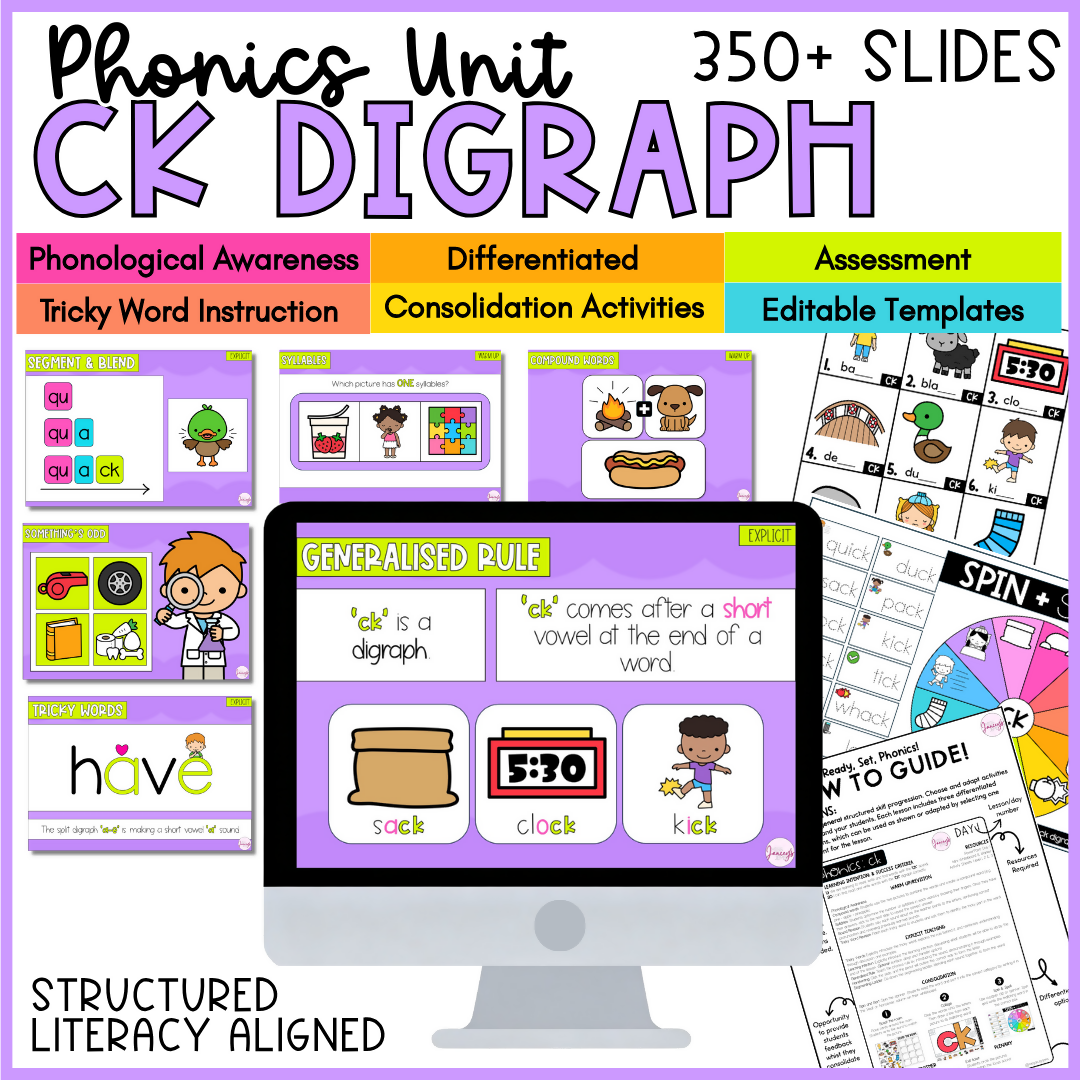 CK Digraph Phonics and Spelling Unit I Structured Literacy I Slides, Lessons and Assessment IPhonological Awareness