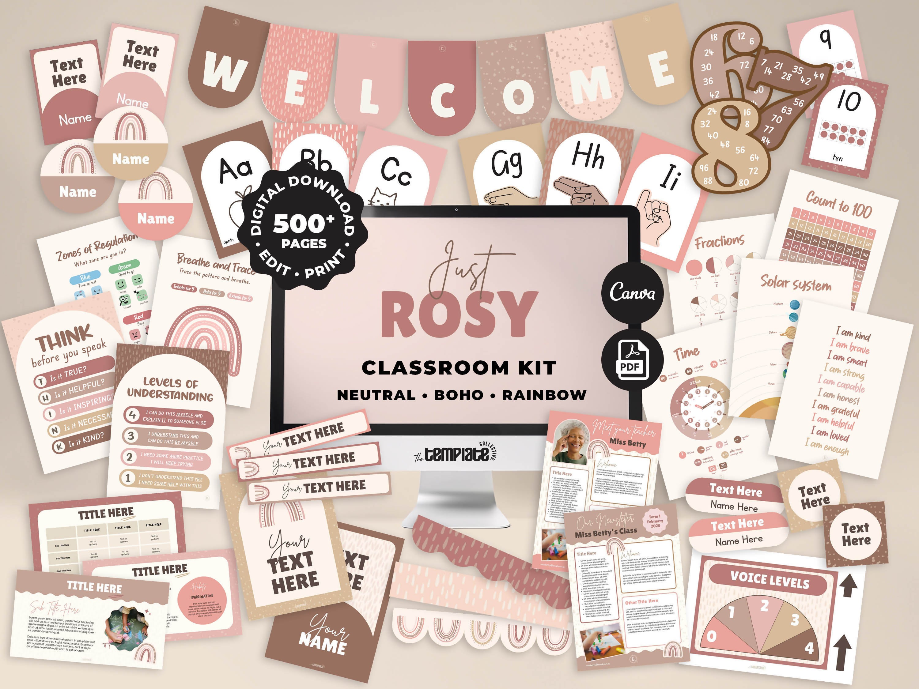 Just Rosy Classroom Decor Bundle • Neutral Boho Rainbow Theme • Bulletin Board Decor • Teacher Resources • Editable & Printable