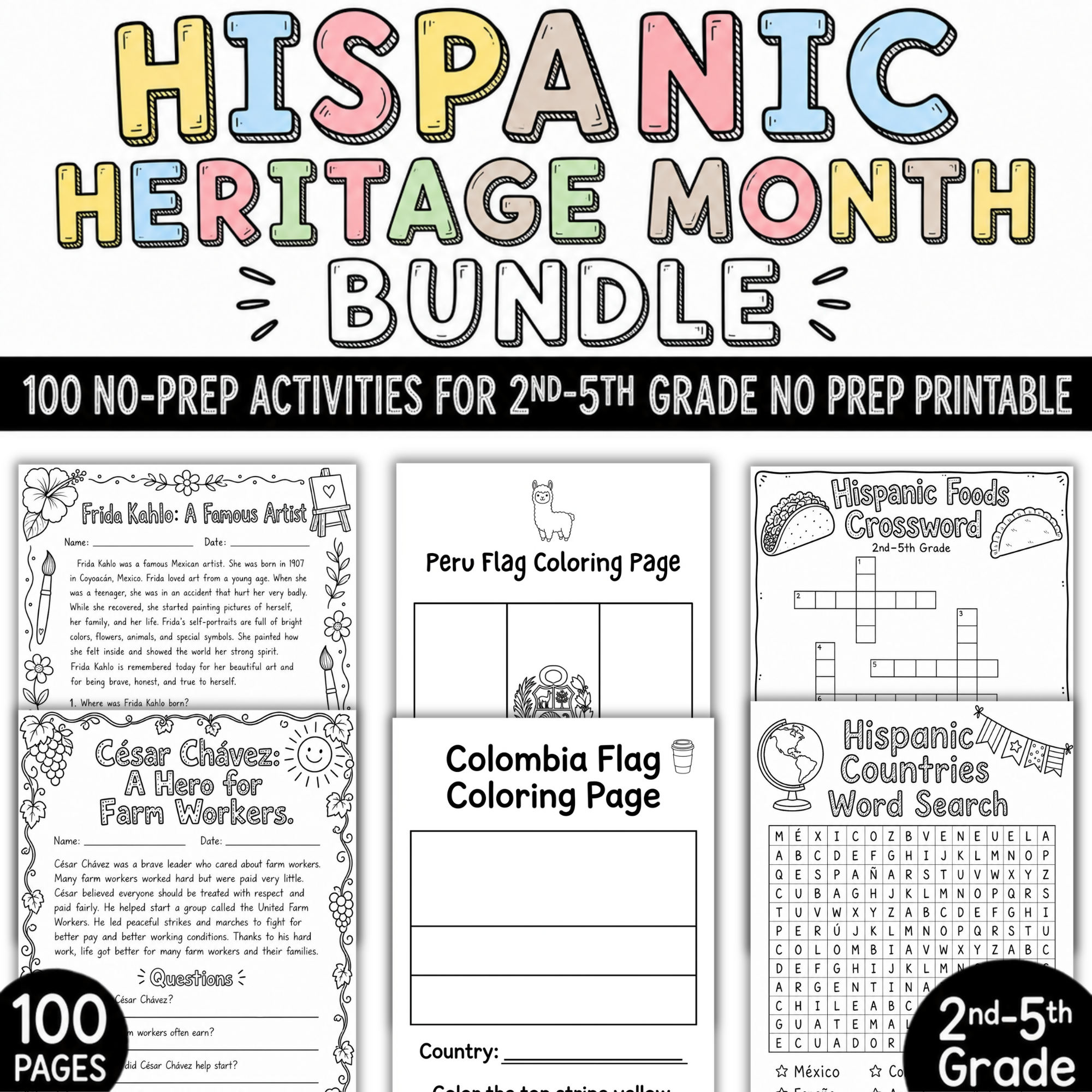 Hispanic Heritage Month Worksheets Bundle - 100 No-Prep Activities for 2nd-5th Grade