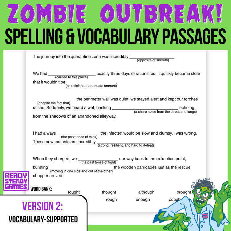 Zombie Outbreak! Spelling and Vocabulary Cloze Passages | 2 Versions | Years 5–6