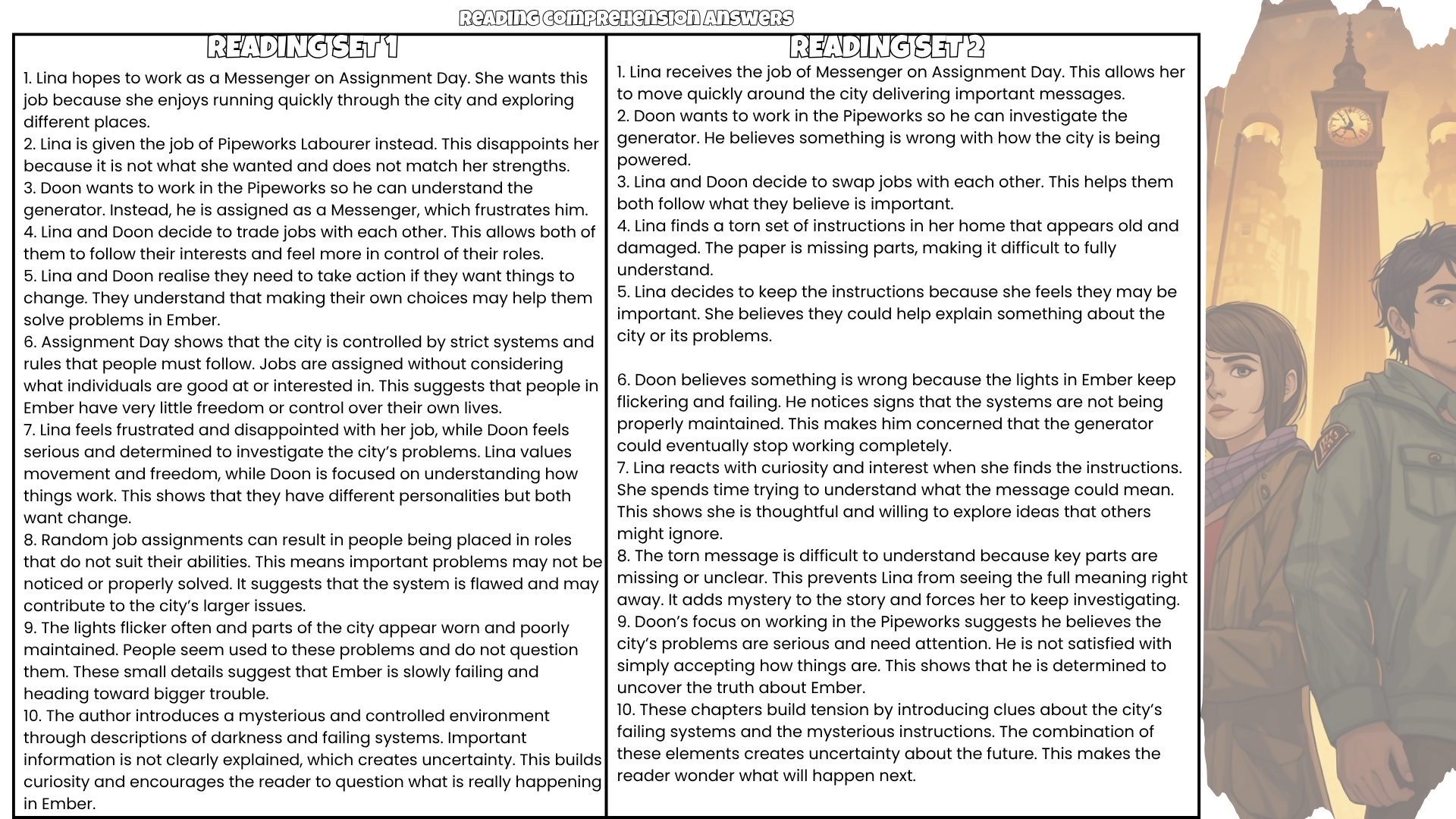 The City of Ember Comprehension Questions and Answer Key PDF | Jeanne DuPrau Novel Worksheets | Reading Comprehension Questions for Grades 4–6