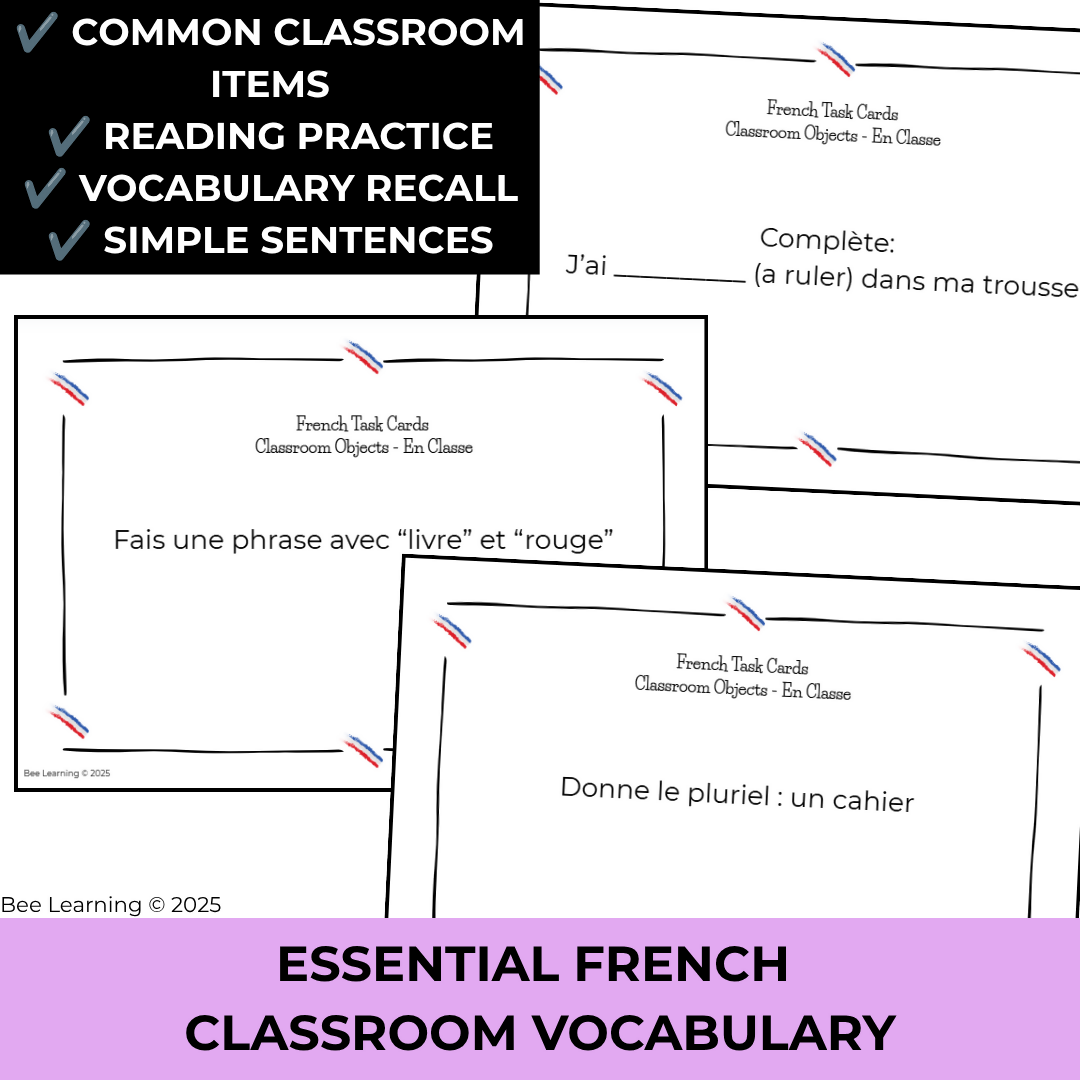 French Classroom Objects Vocabulary Activities | Task Cards & Practice | Year 7–8