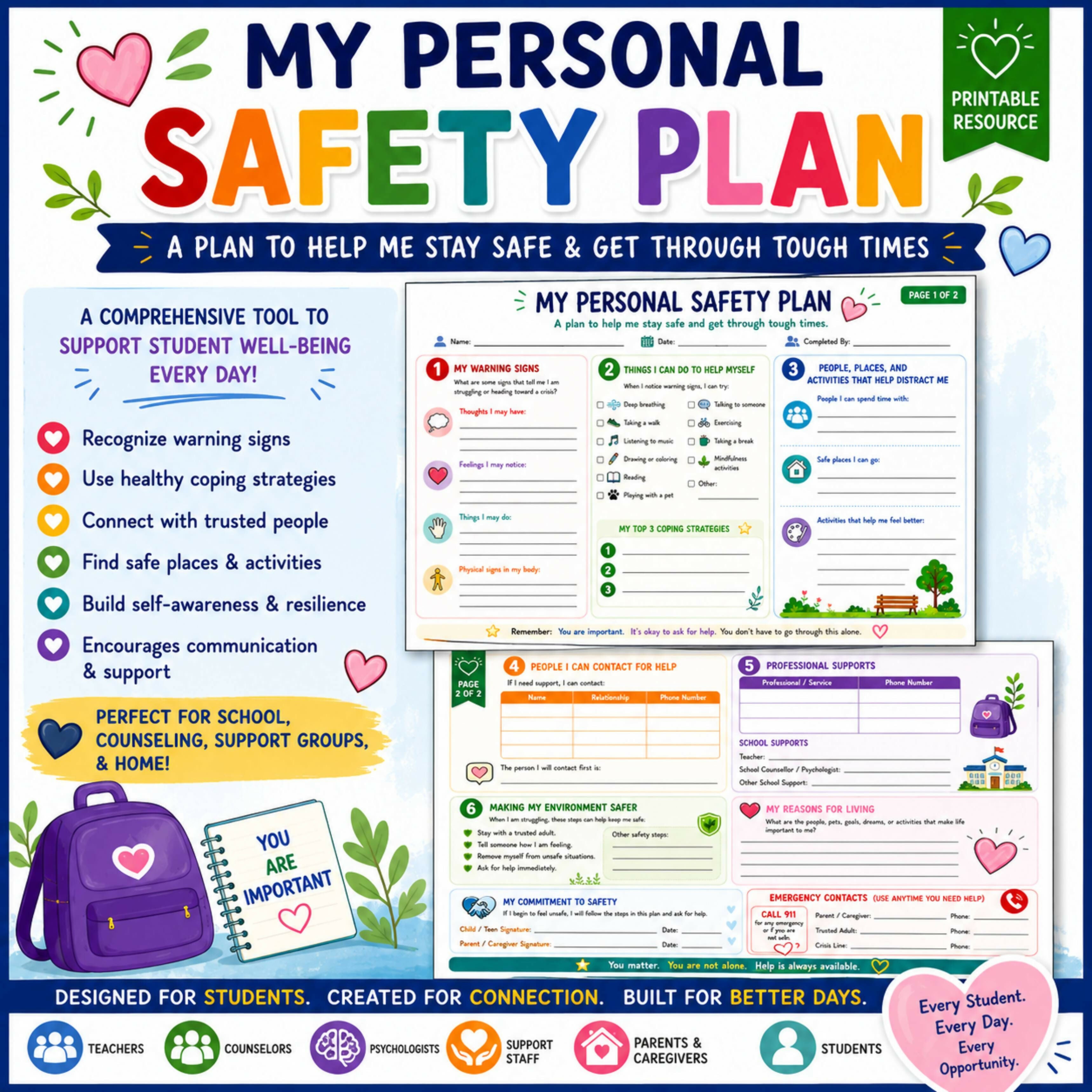 My Personal Safety Plan | Student Safety Plan Workbook | Suicide Prevention