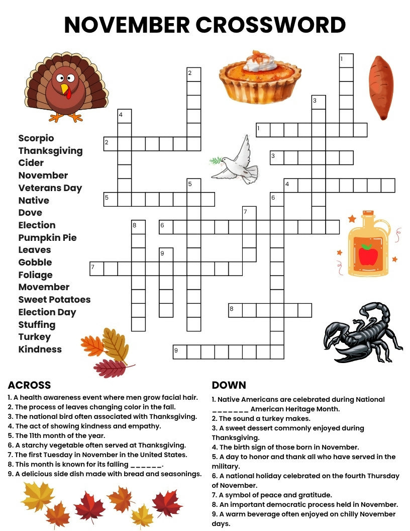 November Reading Comprehension & Activities | Word Search, Crossword, Trivia & Sudoku | Middle & High School