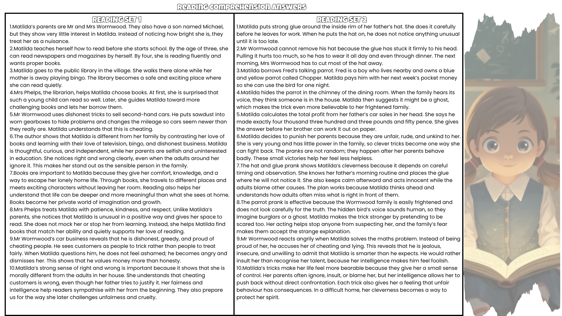 Matilda Novel Study Reading Comprehension PDF | 100 Questions + Answer Key | Year 4–7